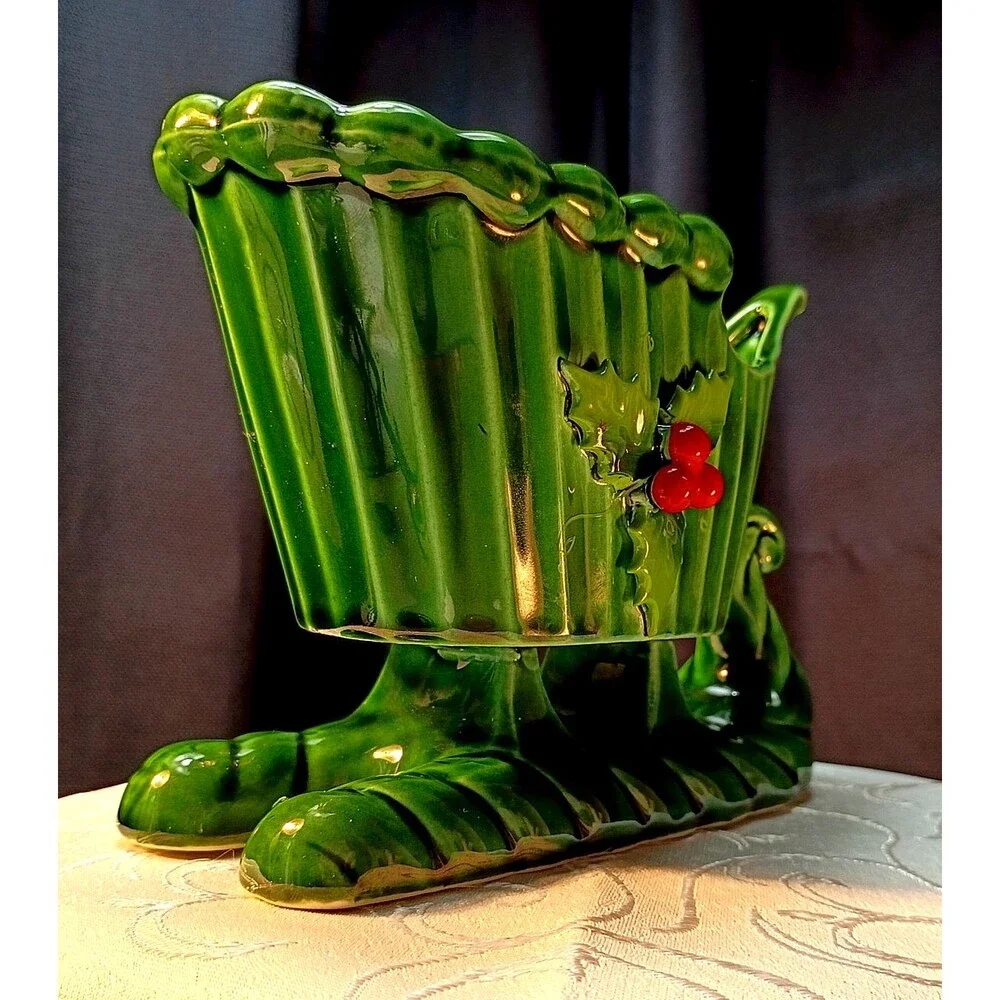 Vintage Holt Howard Ceramic Green Candle Holder Planter Sleigh, MCM Christmas